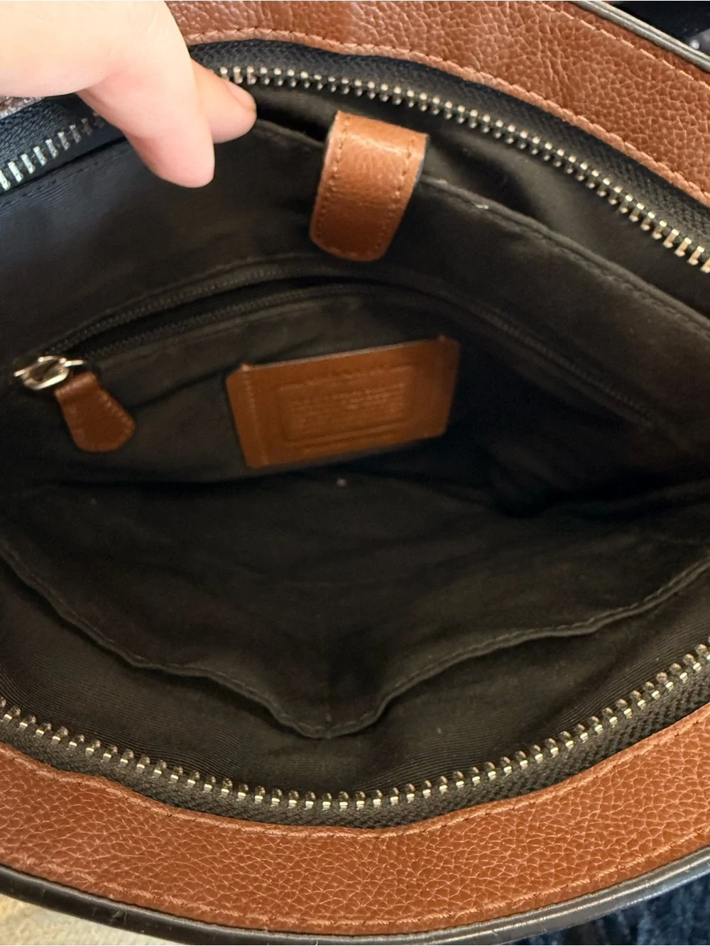 Coach Brown Leather Messenger Bag with White and Black Stripes